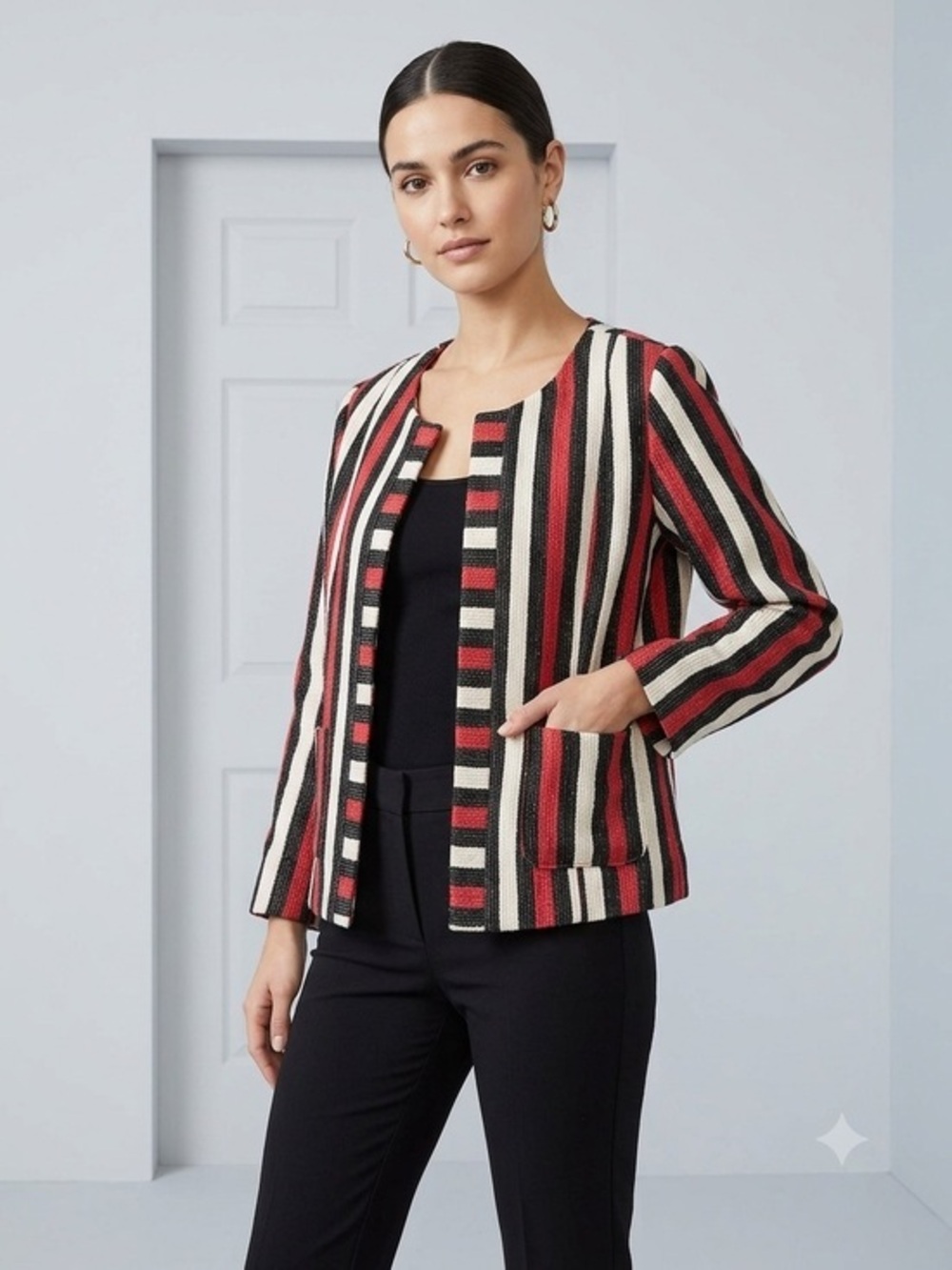 Foxcroft Women’s 10 Red Black Stripe Classic Woven Cotton Blazer Suit Jacket M